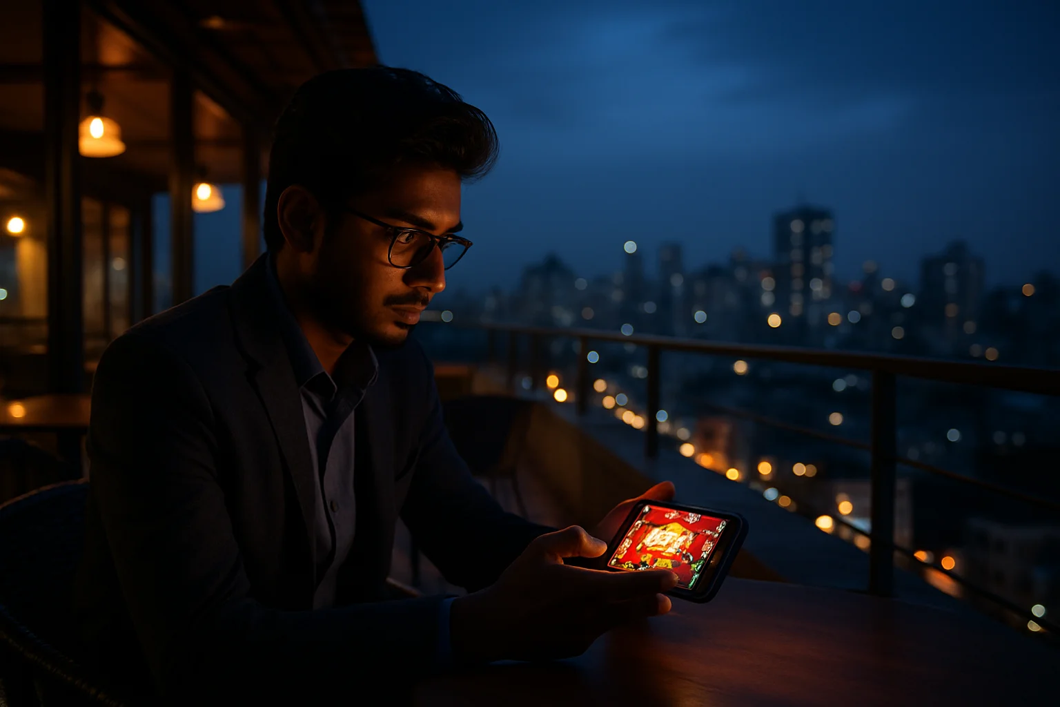 Young professional using smartphone casino app at Dhaka rooftop cafe blue hour