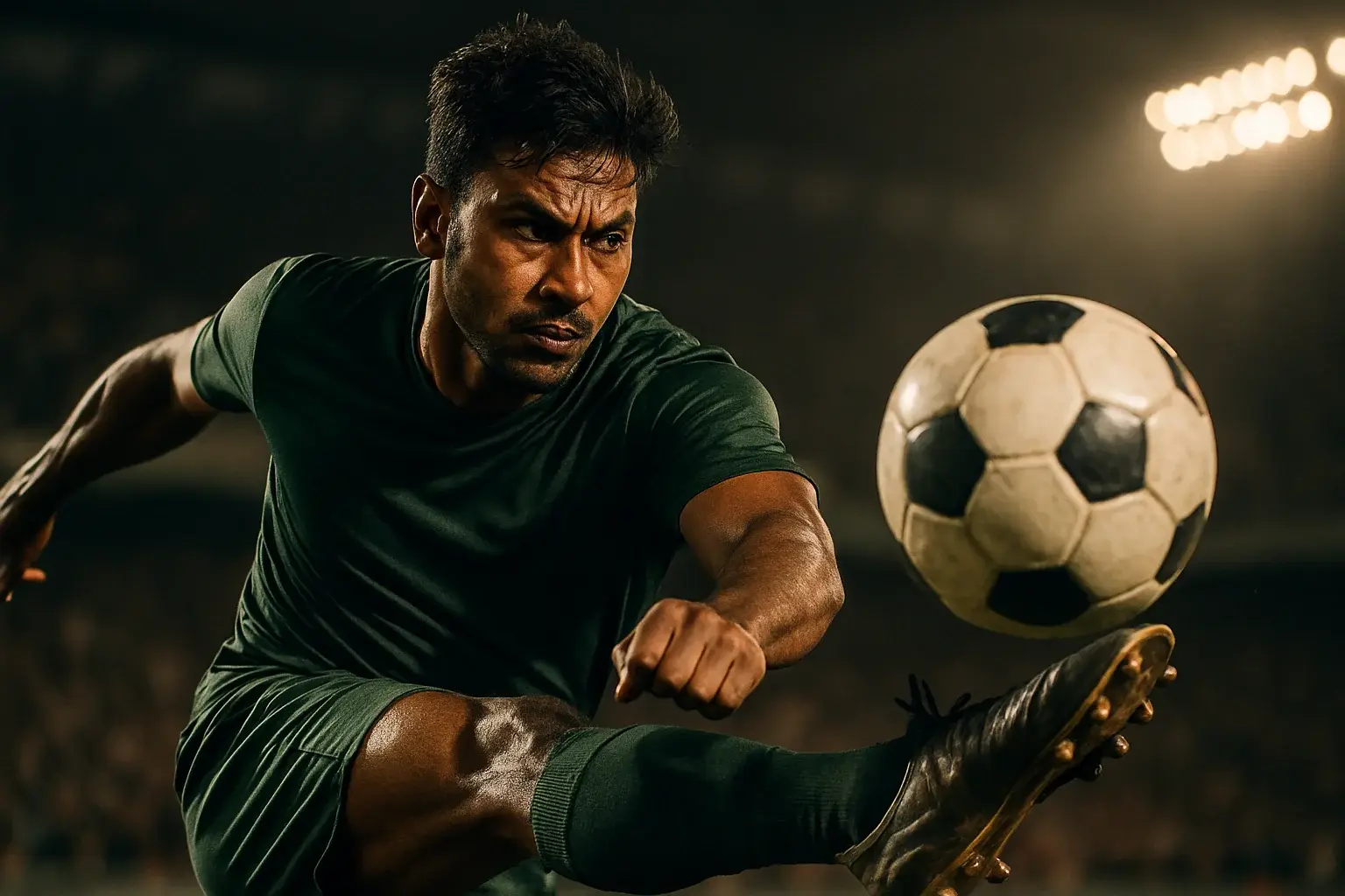 Bangladeshi male footballer in dark green jersey volley kicking ball under stadium lights