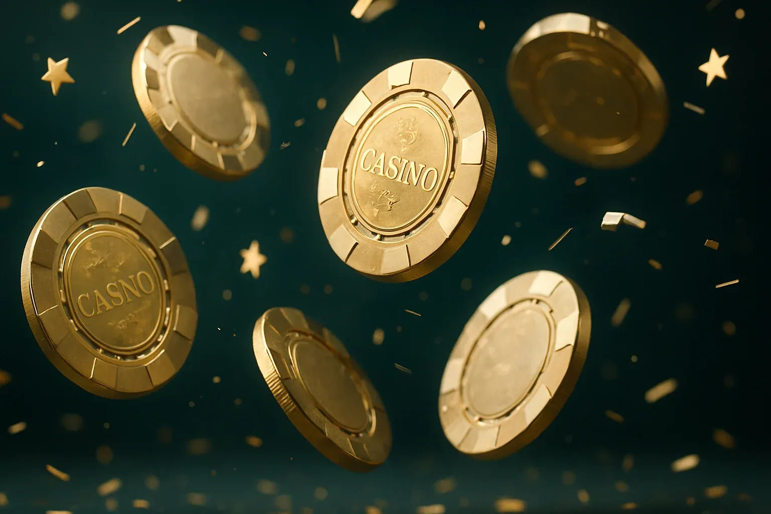Hyperrealistic macro shot of golden casino chips raining with bonus stars