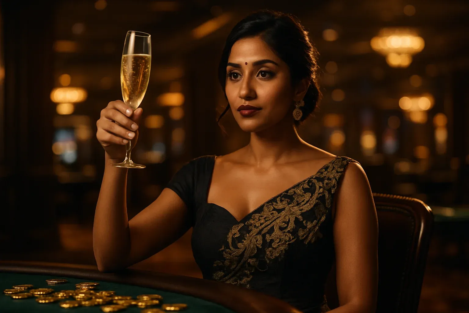 Sophisticated Bangladeshi woman toasting with champagne in luxurious VIP casino suite