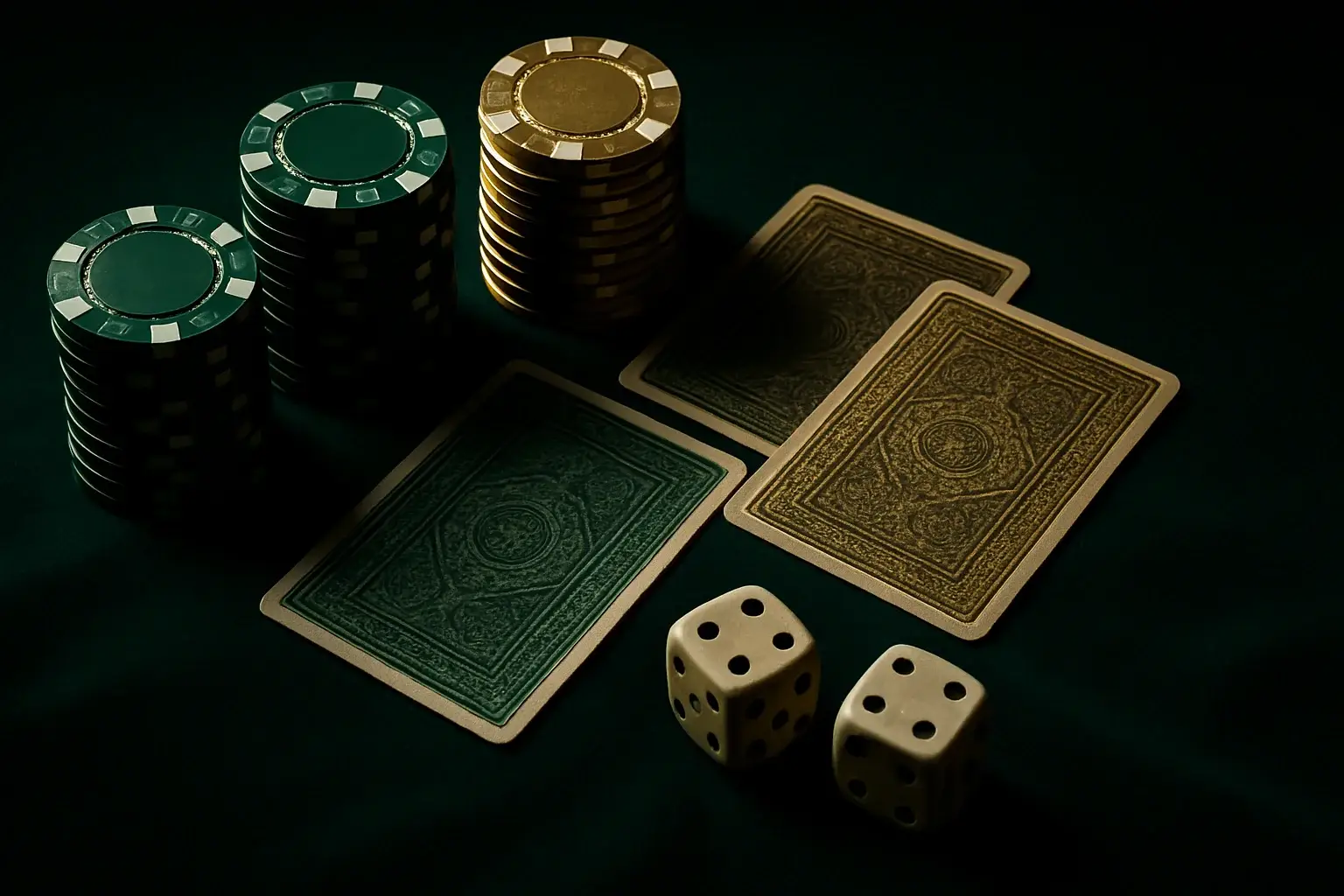 Hyperrealistic casino chips, cards, and dice on dark velvet under spotlight