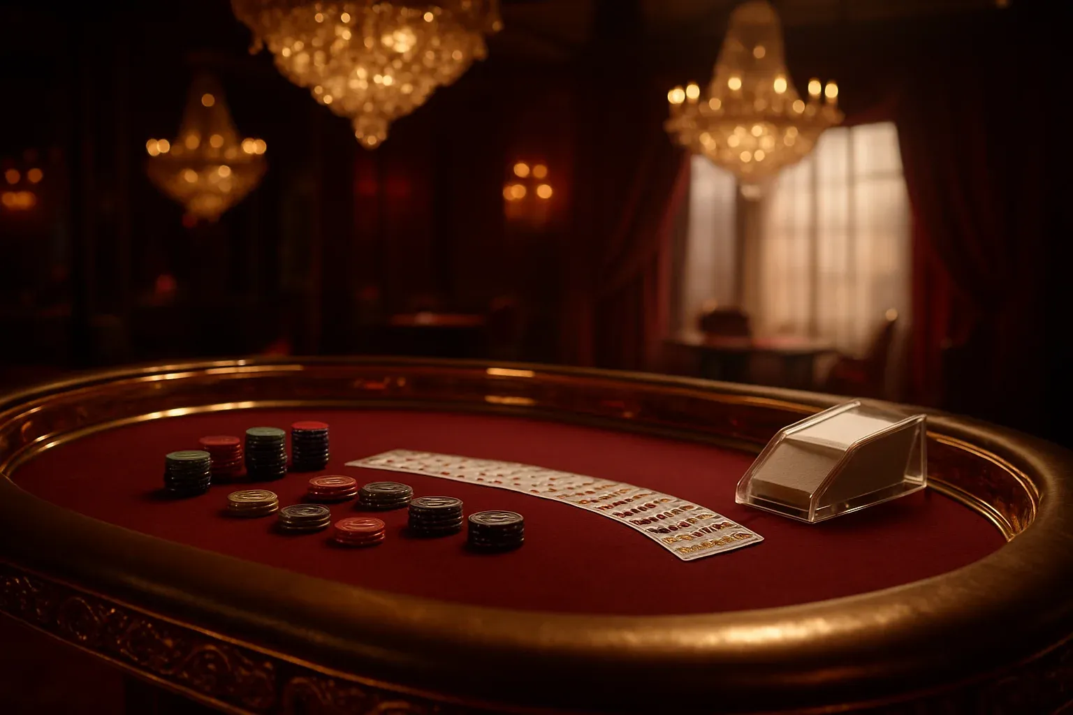 Hyperrealistic wide shot of luxury live baccarat table with chandeliers