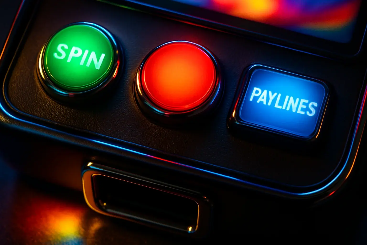 Hyperrealistic macro photo of illuminated slot machine control panel buttons and coin slot